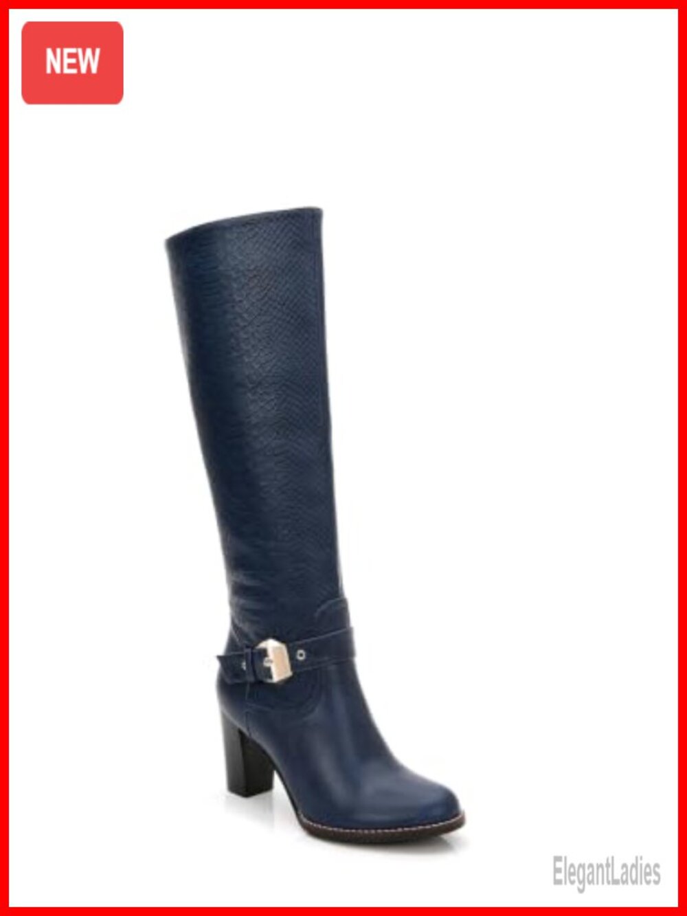 Knee High Boots Faux Leather Almond Toe Buckle Strap Stacked Heel